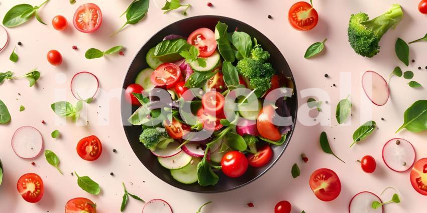 Colorful Salad Explosion: Fresh Vegetables including Tomatoes, Cucumbers, Bell Peppers, and Lettuce with Olives and Onion Slices Floating Over a Bowl