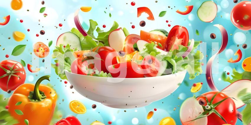 Colorful Salad Explosion: Fresh Vegetables including Tomatoes, Cucumbers, Bell Peppers, and Lettuce with Olives and Onion Slices Floating Over a Bowl