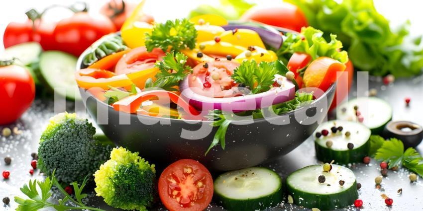 Colorful Salad Explosion: Fresh Vegetables including Tomatoes, Cucumbers, Bell Peppers, and Lettuce with Olives and Onion Slices Floating Over a Bowl