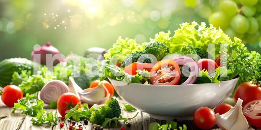 Colorful Salad Explosion: Fresh Vegetables including Tomatoes, Cucumbers, Bell Peppers, and Lettuce with Olives and Onion Slices Floating Over a Bowl