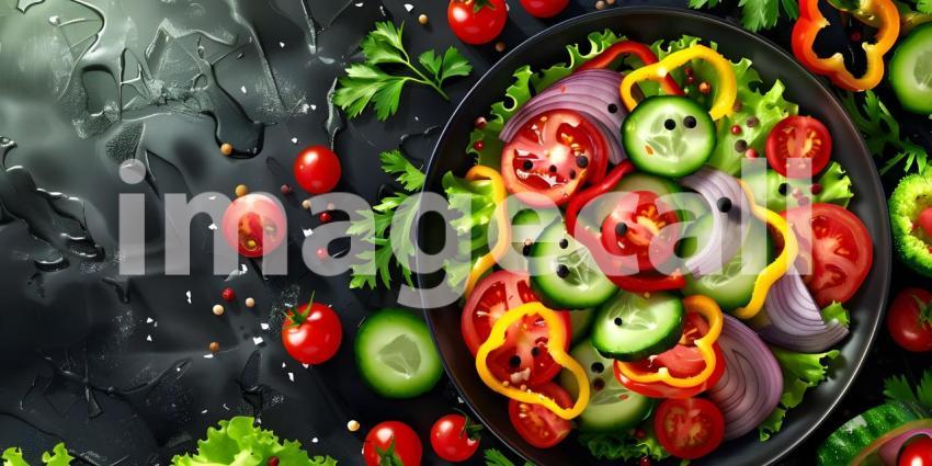 Colorful Salad Explosion: Fresh Vegetables including Tomatoes, Cucumbers, Bell Peppers, and Lettuce with Olives and Onion Slices Floating Over a Bowl