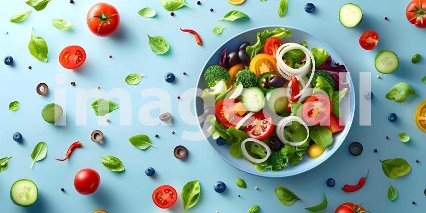 Colorful Salad Explosion: Fresh Vegetables including Tomatoes, Cucumbers, Bell Peppers, and Lettuce with Olives and Onion Slices Floating Over a Bowl