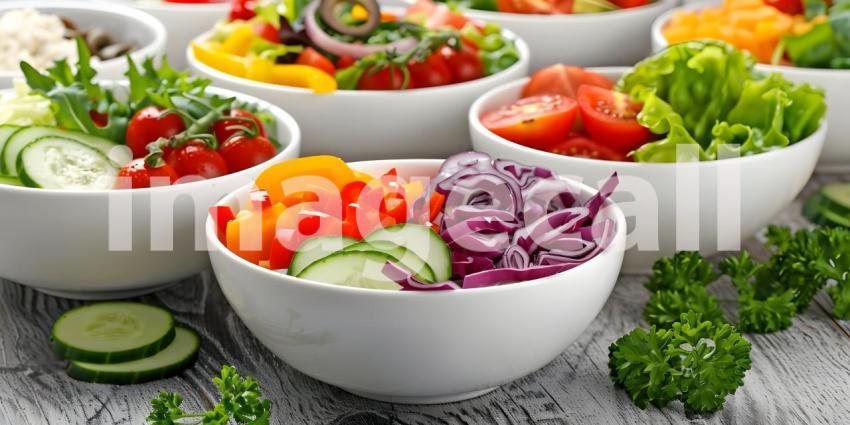 Colorful Salad Explosion: Fresh Vegetables including Tomatoes, Cucumbers, Bell Peppers, and Lettuce with Olives and Onion Slices Floating Over a Bowl