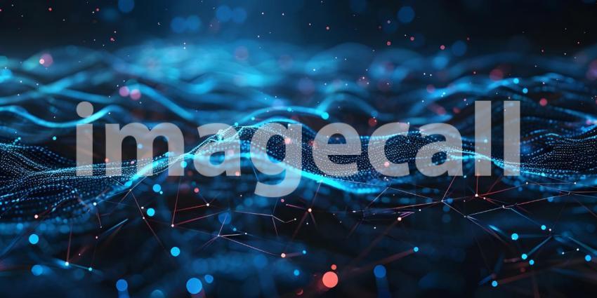 Flowing Digital Landscape: An Abstract Representation with Red and Blue Wave-like Structures Composed of Small, Glowing Dots and Lines