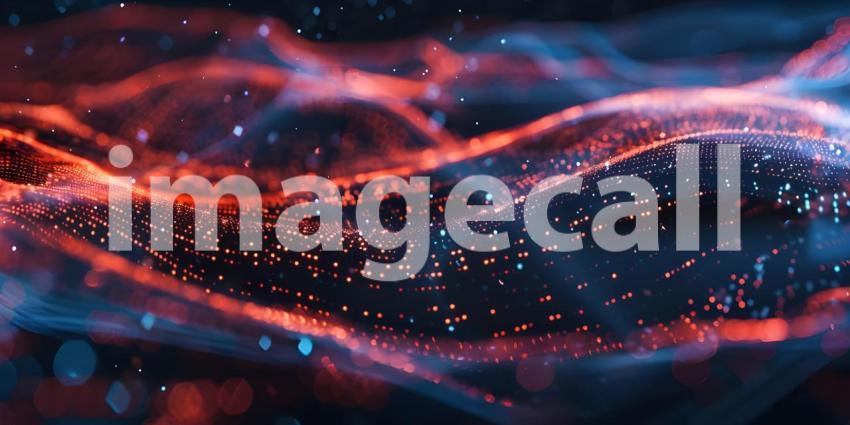 Flowing Digital Landscape: An Abstract Representation with Red and Blue Wave-like Structures Composed of Small, Glowing Dots and Lines