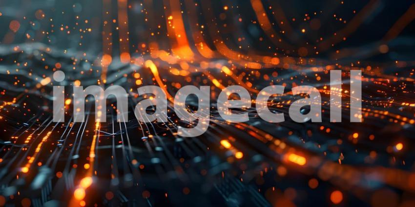 Flowing Digital Landscape: An Abstract Representation with Red and Blue Wave-like Structures Composed of Small, Glowing Dots and Lines