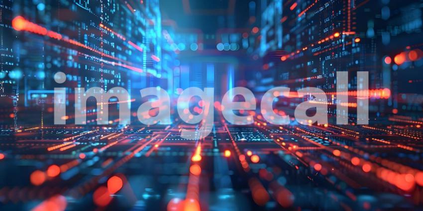 Flowing Digital Landscape: An Abstract Representation with Red and Blue Wave-like Structures Composed of Small, Glowing Dots and Lines