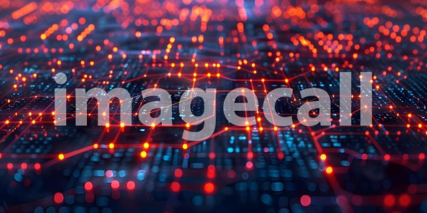 Flowing Digital Landscape: An Abstract Representation with Red and Blue Wave-like Structures Composed of Small, Glowing Dots and Lines