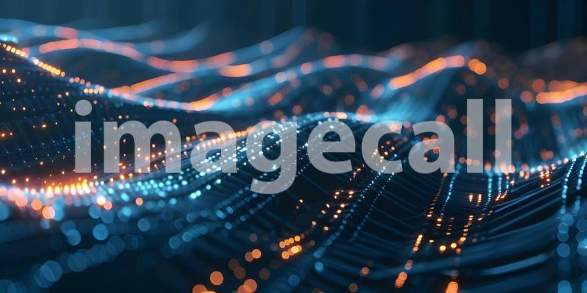 Flowing Digital Landscape: An Abstract Representation with Red and Blue Wave-like Structures Composed of Small, Glowing Dots and Lines