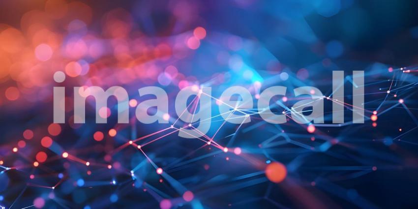 Flowing Digital Landscape: An Abstract Representation with Red and Blue Wave-like Structures Composed of Small, Glowing Dots and Lines