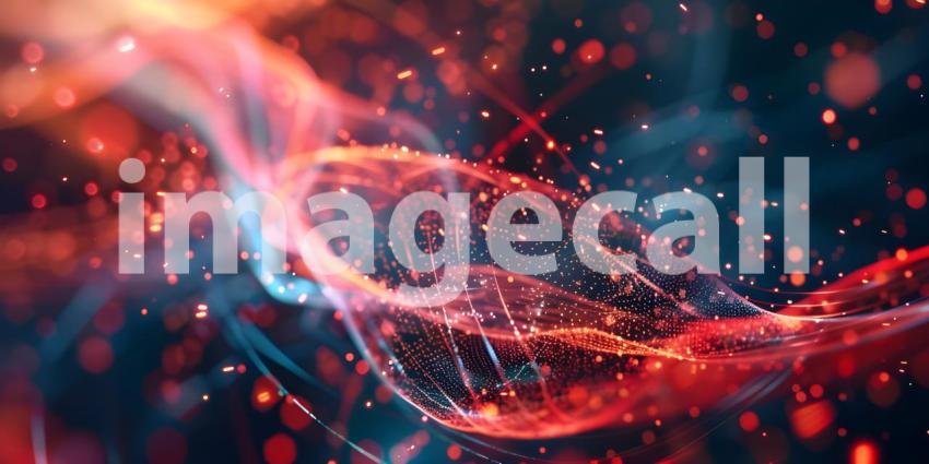 Flowing Digital Landscape: An Abstract Representation with Red and Blue Wave-like Structures Composed of Small, Glowing Dots and Lines