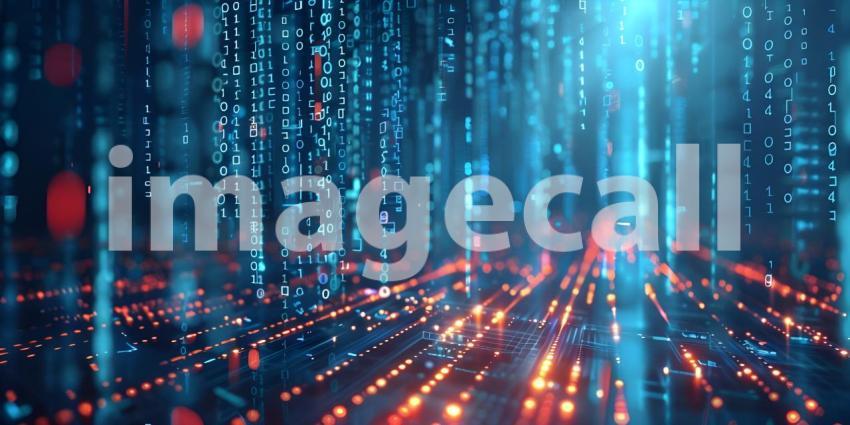 Flowing Digital Landscape: An Abstract Representation with Red and Blue Wave-like Structures Composed of Small, Glowing Dots and Lines