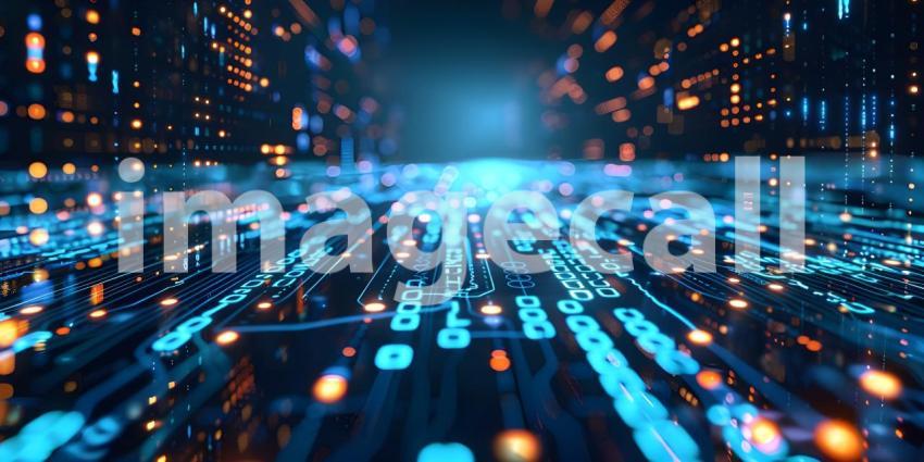 Flowing Digital Landscape: An Abstract Representation with Red and Blue Wave-like Structures Composed of Small, Glowing Dots and Lines