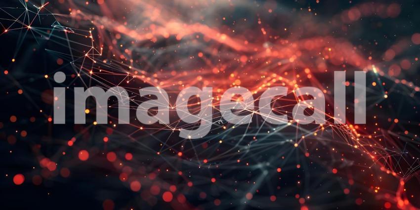 Flowing Digital Landscape: An Abstract Representation with Red and Blue Wave-like Structures Composed of Small, Glowing Dots and Lines