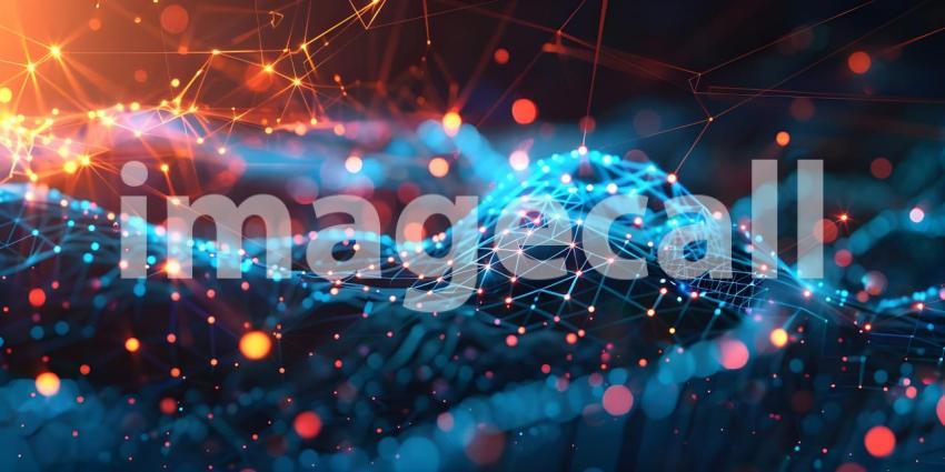 Flowing Digital Landscape: An Abstract Representation with Red and Blue Wave-like Structures Composed of Small, Glowing Dots and Lines