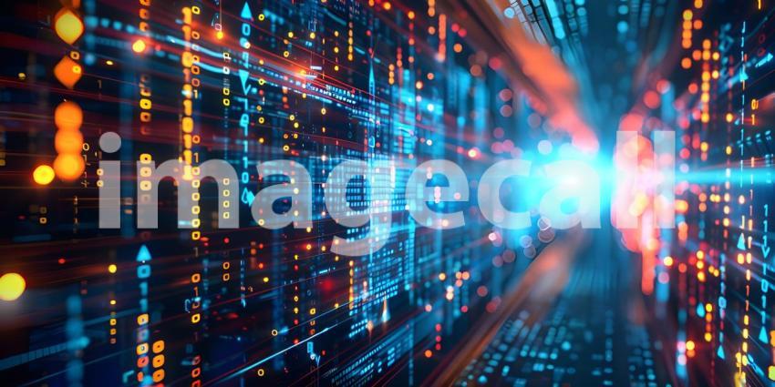 Flowing Digital Landscape: An Abstract Representation with Red and Blue Wave-like Structures Composed of Small, Glowing Dots and Lines