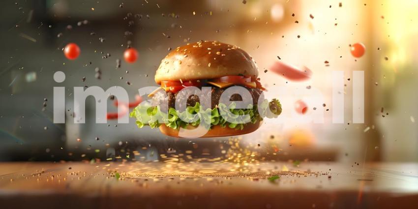 Floating Hamburger with Ingredients in Mid-Air: A Dynamic and Vibrant Presentation Featuring a Sesame Seed Bun, Beef Patty, Lettuce, Tomato, Cheese, and Sauce