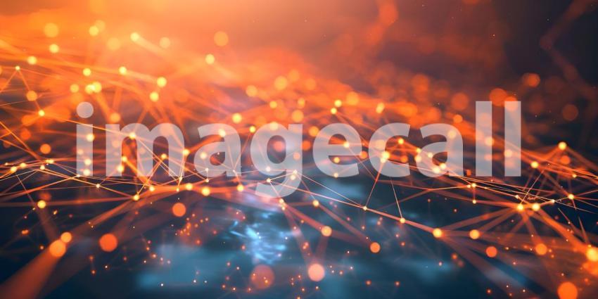 Flowing Digital Landscape: An Abstract Representation with Red and Blue Wave-like Structures Composed of Small, Glowing Dots and Lines