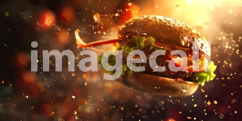 Floating Hamburger with Ingredients in Mid-Air: A Dynamic and Vibrant Presentation Featuring a Sesame Seed Bun, Beef Patty, Lettuce, Tomato, Cheese, and Sauce