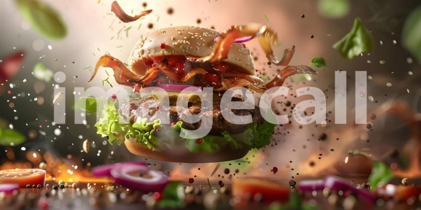 Floating Hamburger with Ingredients in Mid-Air: A Dynamic and Vibrant Presentation Featuring a Sesame Seed Bun, Beef Patty, Lettuce, Tomato, Cheese, and Sauce