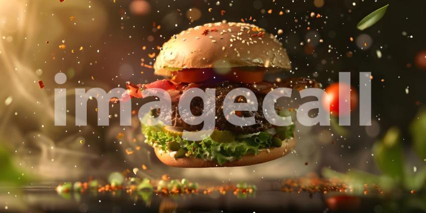 Floating Hamburger with Ingredients in Mid-Air: A Dynamic and Vibrant Presentation Featuring a Sesame Seed Bun, Beef Patty, Lettuce, Tomato, Cheese, and Sauce