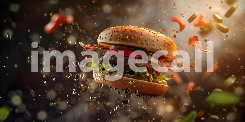 Floating Hamburger with Ingredients in Mid-Air: A Dynamic and Vibrant Presentation Featuring a Sesame Seed Bun, Beef Patty, Lettuce, Tomato, Cheese, and Sauce