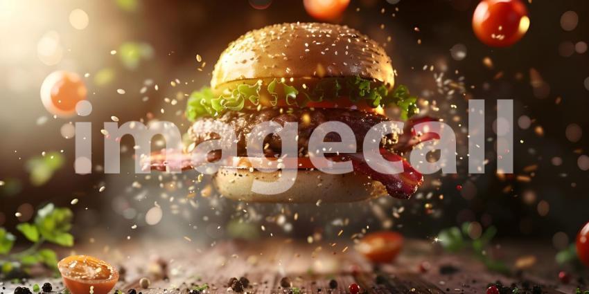 Floating Hamburger with Ingredients in Mid-Air: A Dynamic and Vibrant Presentation Featuring a Sesame Seed Bun, Beef Patty, Lettuce, Tomato, Cheese, and Sauce