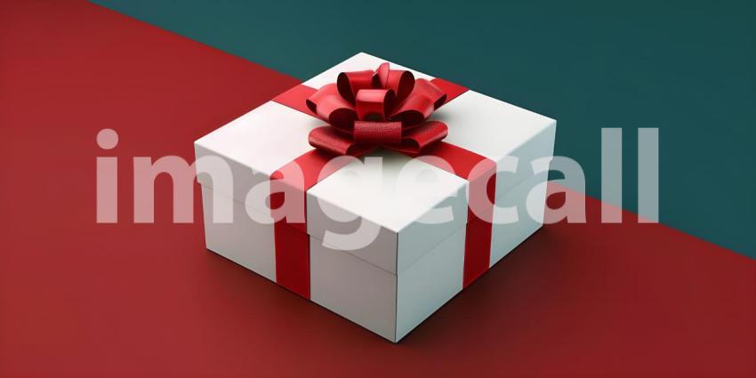 Festive Gift Box with Red Ribbon and Bow: Elegant and Neatly Wrapped Present Against a Solid Red Background