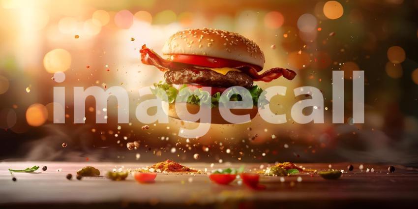 Floating Hamburger with Ingredients in Mid-Air: A Dynamic and Vibrant Presentation Featuring a Sesame Seed Bun, Beef Patty, Lettuce, Tomato, Cheese, and Sauce
