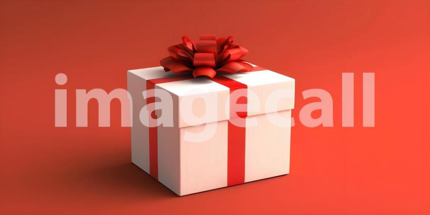 Festive Gift Box with Red Ribbon and Bow: Elegant and Neatly Wrapped Present Against a Solid Red Background