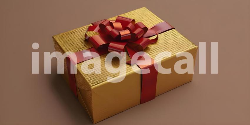 Festive Gift Box with Red Ribbon and Bow: Elegant and Neatly Wrapped Present Against a Solid Red Background