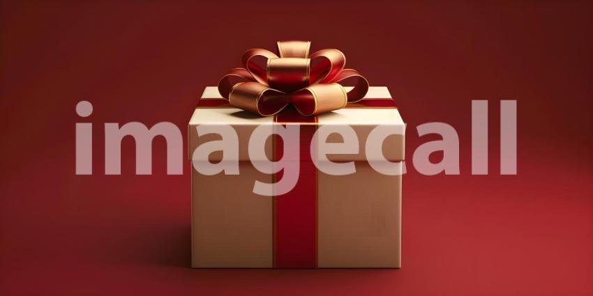 Festive Gift Box with Red Ribbon and Bow: Elegant and Neatly Wrapped Present Against a Solid Red Background