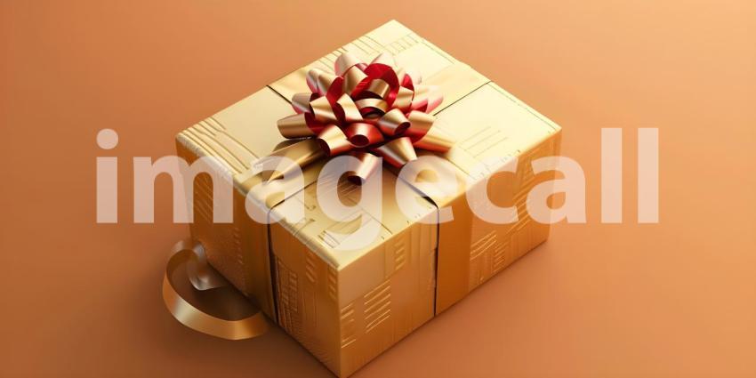 Festive Gift Box with Red Ribbon and Bow: Elegant and Neatly Wrapped Present Against a Solid Red Background