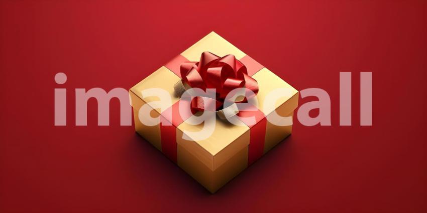 Festive Gift Box with Red Ribbon and Bow: Elegant and Neatly Wrapped Present Against a Solid Red Background