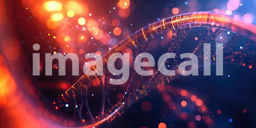Artistic DNA Double Helix: Glowing Intricate Design with Bright Orange and Red Hues on a Dark Background, Featuring Bokeh Light Effects