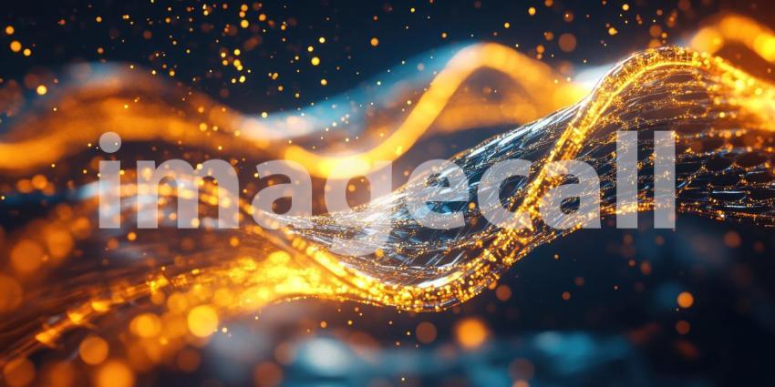 Artistic DNA Double Helix: Glowing Intricate Design with Bright Orange and Red Hues on a Dark Background, Featuring Bokeh Light Effects