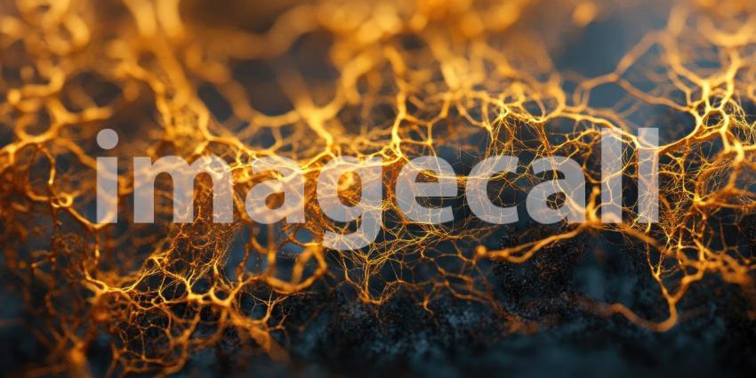 Intricate Network of Web-Like Structures: Metallic or Organic Appearance with Warm Golden Light Backdrop, Creating a Visually Captivating and Abstract Artistic Scene