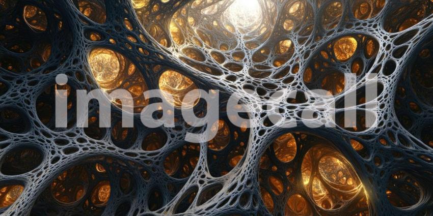 Intricate Network of Web-Like Structures: Metallic or Organic Appearance with Warm Golden Light Backdrop, Creating a Visually Captivating and Abstract Artistic Scene