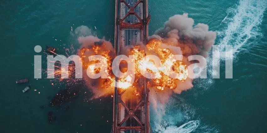 Dramatic Bridge Explosion: Aerial View of Fire and Smoke Engulfing a Metal Bridge, with Debris Scattering into the Disturbed Water Below
