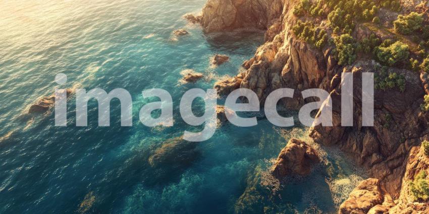 Serene Coastal Paradise: Clear Turquoise Water, Rocky Cliffs, and Sandy Beach with Lush Green Vegetation