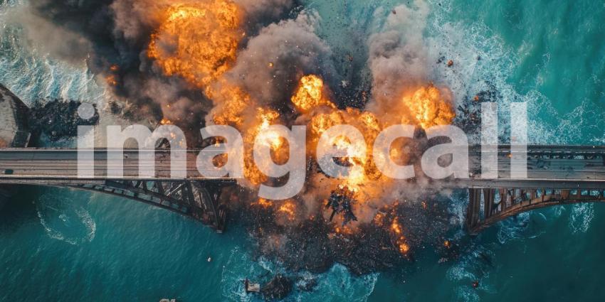Dramatic Bridge Explosion: Aerial View of Fire and Smoke Engulfing a Metal Bridge, with Debris Scattering into the Disturbed Water Below