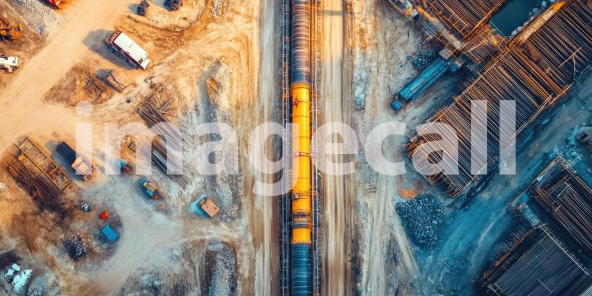 Aerial View of Construction Site: Large Pipeline Under Construction Surrounded by Construction Materials, Equipment, and Vehicles