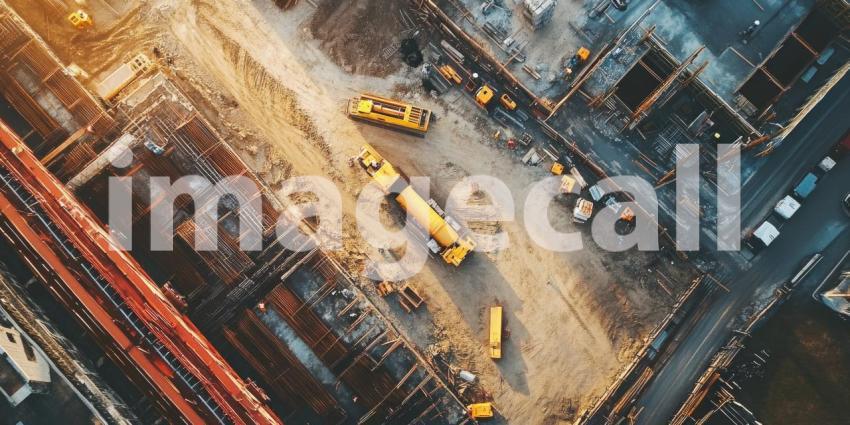 Aerial View of Construction Site: Large Pipeline Under Construction Surrounded by Construction Materials, Equipment, and Vehicles