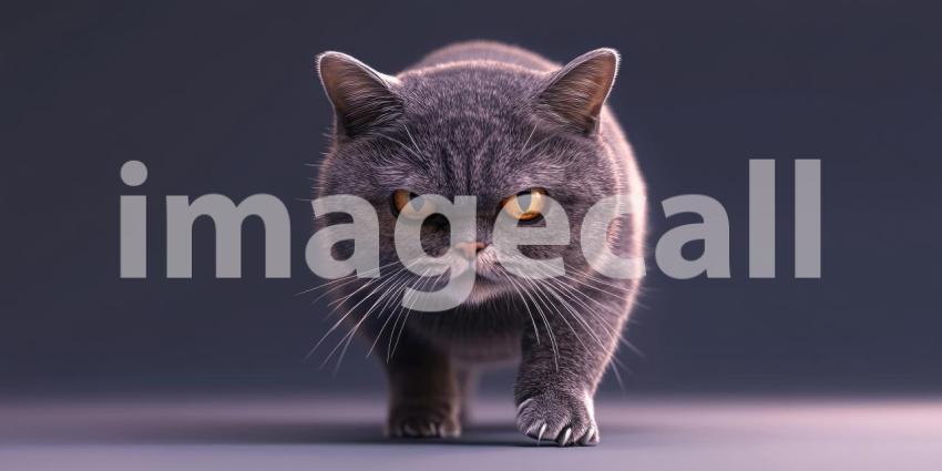Surprised Cat in Vibrant Lighting: Fluffy Feline with Bright Green Eyes Illuminated by Shades of Blue, Orange, and Pink
