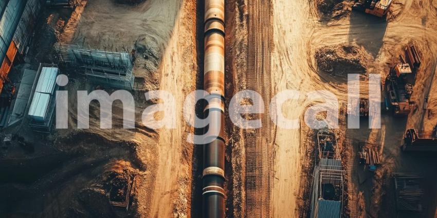 Aerial View of Construction Site: Large Pipeline Under Construction Surrounded by Construction Materials, Equipment, and Vehicles