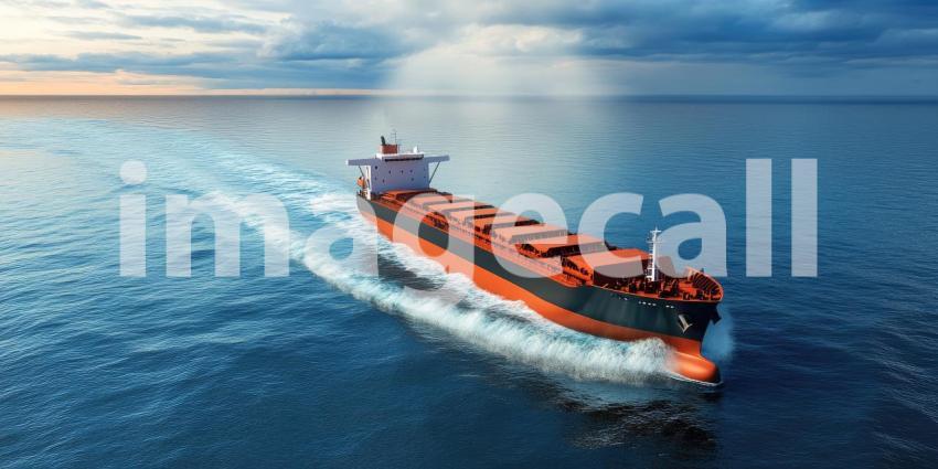 Cargo Ship on Calm Ocean: Vessel Loaded with Colorful Shipping Containers Moving Forward on a Sunny Day, Highlighting Global Trade and Maritime Transport