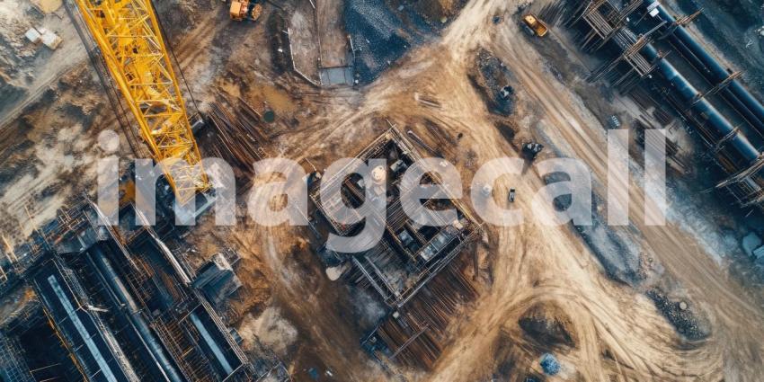 Aerial View of Construction Site: Large Pipeline Under Construction Surrounded by Construction Materials, Equipment, and Vehicles