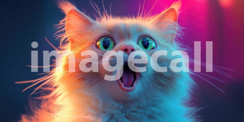 Surprised Cat in Vibrant Lighting: Fluffy Feline with Bright Green Eyes Illuminated by Shades of Blue, Orange, and Pink