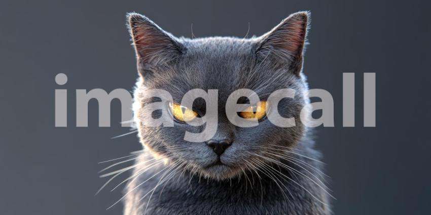 Surprised Cat in Vibrant Lighting: Fluffy Feline with Bright Green Eyes Illuminated by Shades of Blue, Orange, and Pink