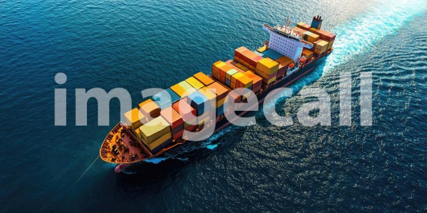 Cargo Ship on Calm Ocean: Vessel Loaded with Colorful Shipping Containers Moving Forward on a Sunny Day, Highlighting Global Trade and Maritime Transport